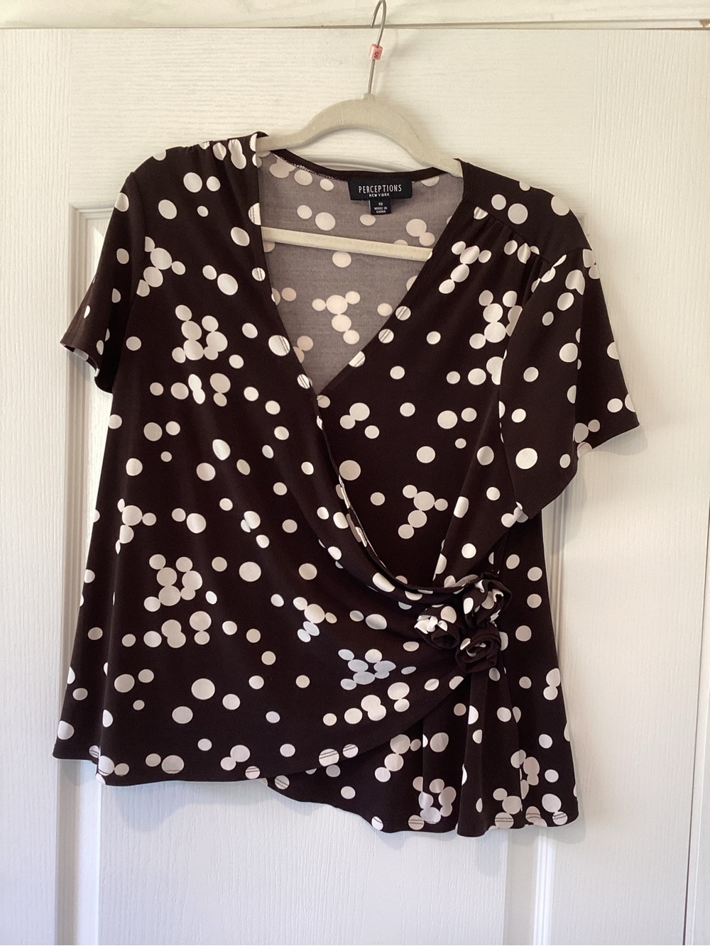 Perseption Brown and White Polka Dot Wrap-Style Blouse 18 EUC